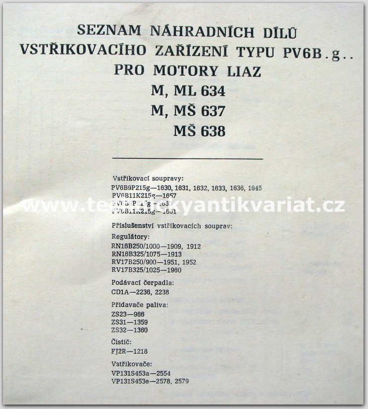 Liaz vstřikovací zařízení PV6B.g. - seznam náhradních dílů (1986)