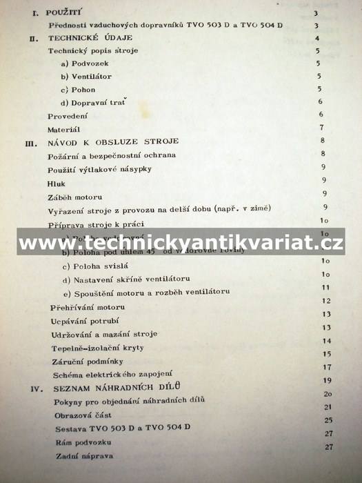 Vzduchový dopravník TVO 503D, TVO 504D - návod k obsluze, seznam dílů
