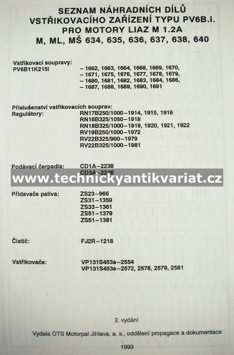 Vstřikovací zařízení PV6B.i. - seznam náhradních dílů (1993)