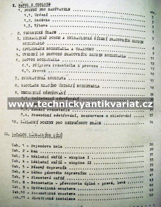 Rozmetadlo vápna a nerostného hnojiva N019 - návod k obsluze, katalog dílů