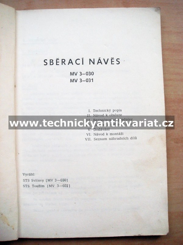 Sběrací návěs MV3 030, 031 - návod k obsluze, seznam náhradních dílů