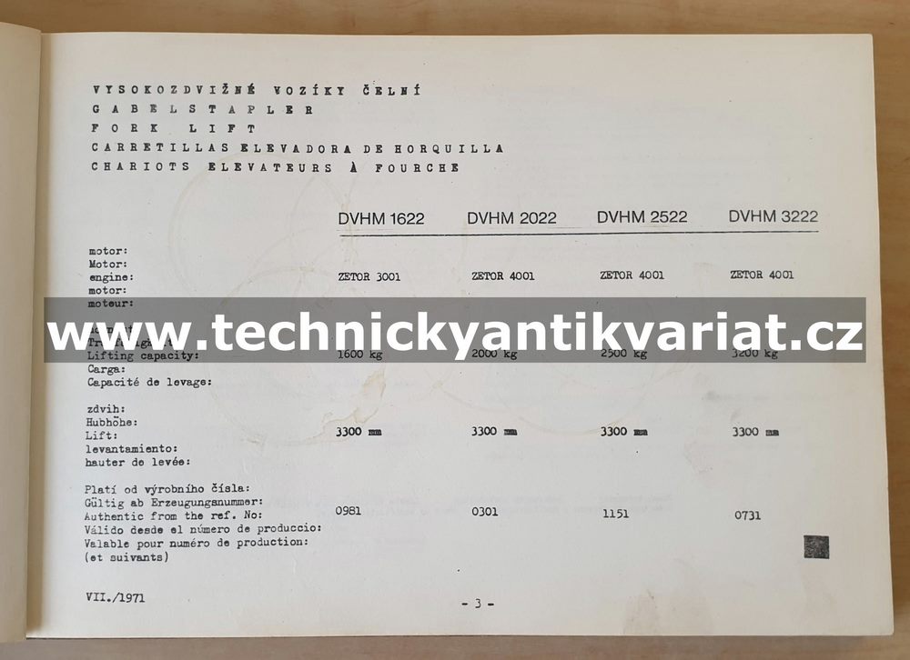 DESTA DVHM 1622, 2022, 2522, 3222 - katalog náhradních dílů (1971)
