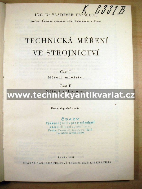 Technická měření ve strojnictví - měření množství a výkonnosti - Vladimír Teyssler 1953