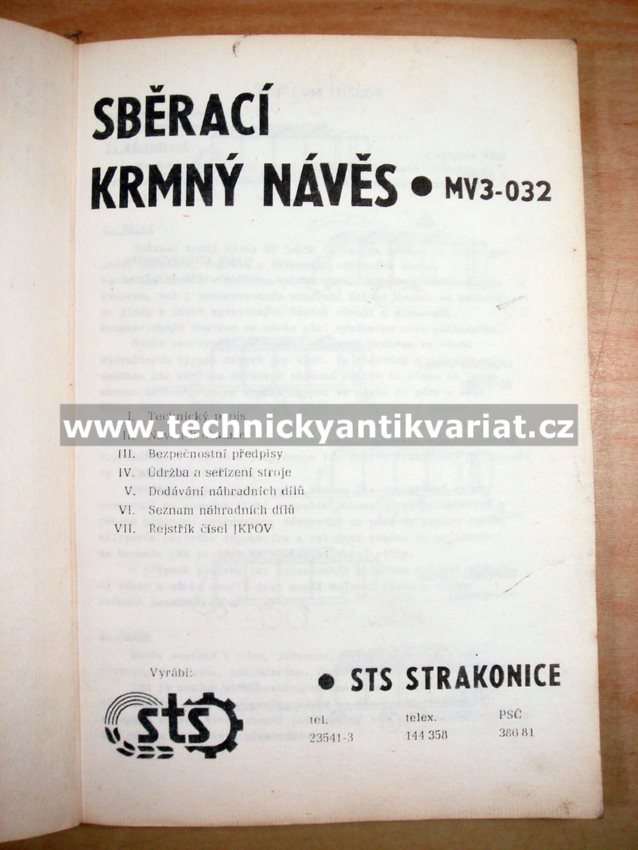 Sběrací krmný návěs MV3 032 - návod k obsluze, seznam náhradních dílů (1987)