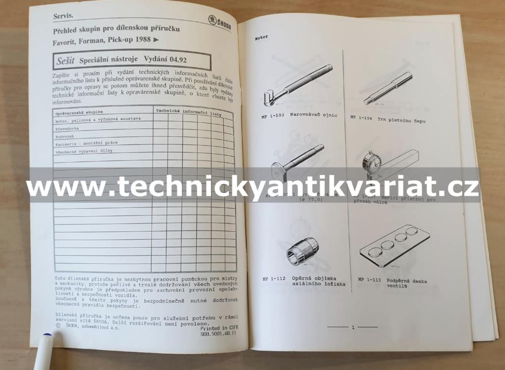 Škoda Favorit Forman, Pick-up - Speciální nástroje - dílenská příručka (1992)