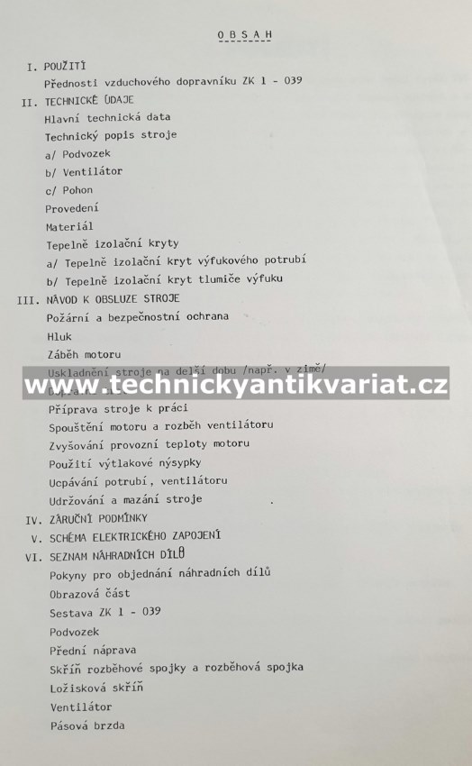 Vzduchový dopravník ZK1 039 - použití, seznam dílů