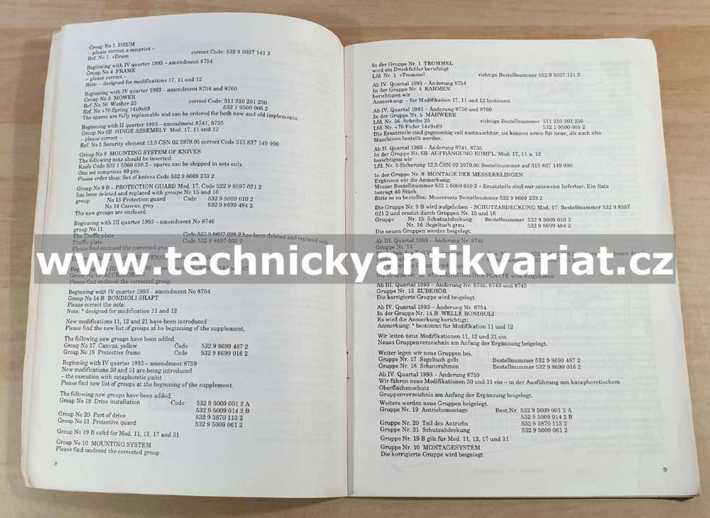 Rotační žací stroj ŽTR 165 - dodatek ke katalogu dílů (1993)