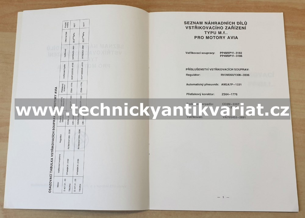 Avia vstřikovací zařízení typu M.f - seznam náhradních dílů (1993)