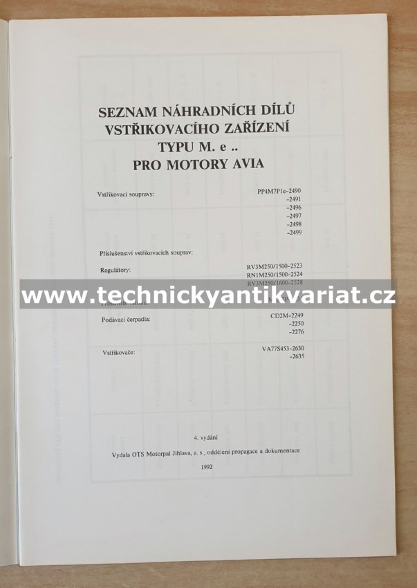 Avia vstřikovací zařízení typu M.e - seznam náhradních dílů (1992)