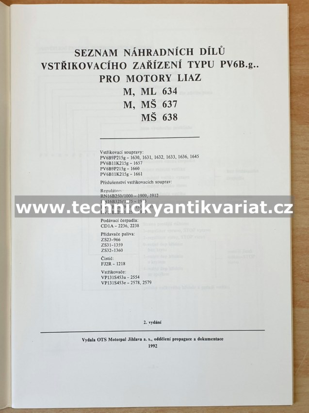 Liaz vstřikovací zařízení PV6B.g. - seznam náhradních dílů (1992)
