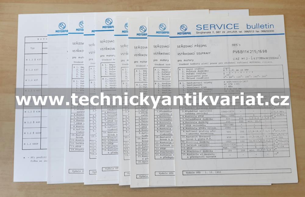 LIAZ motor M 1.2 637, 638, 640 - seřizovací předpisy vstřikovacích souprav PV.B.j. (1993)