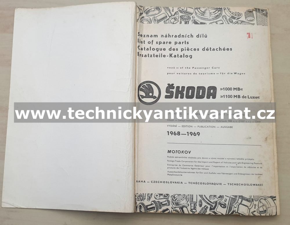 Škoda 1000MB, 1100MB de Luxe - seznam náhradních dílů (1968-1969)