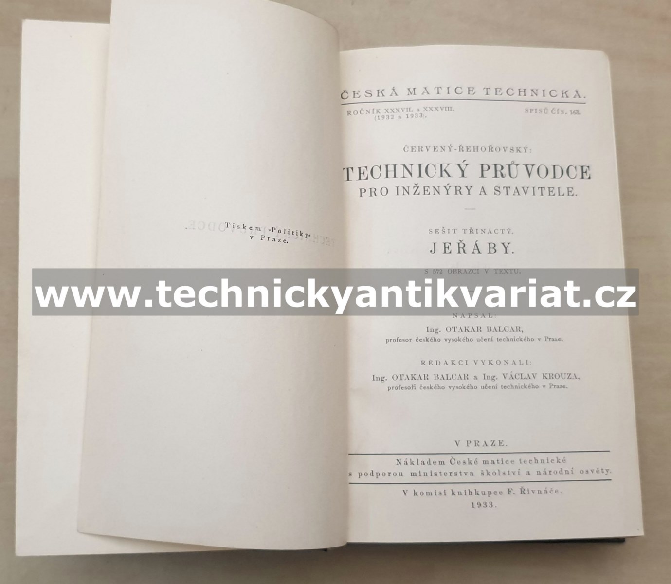Technický průvodce pro inženýry a stavitele 13 Jeřáby - Otakar Balcar (1933)