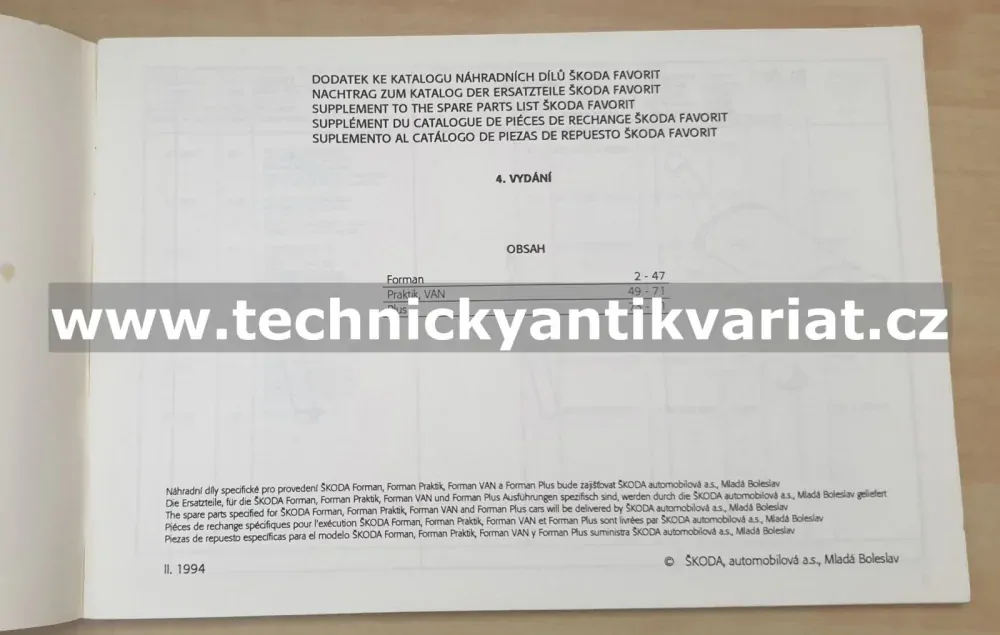 Škoda Favorit Forman - seznam náhradních dílů - DODATEK (1994)