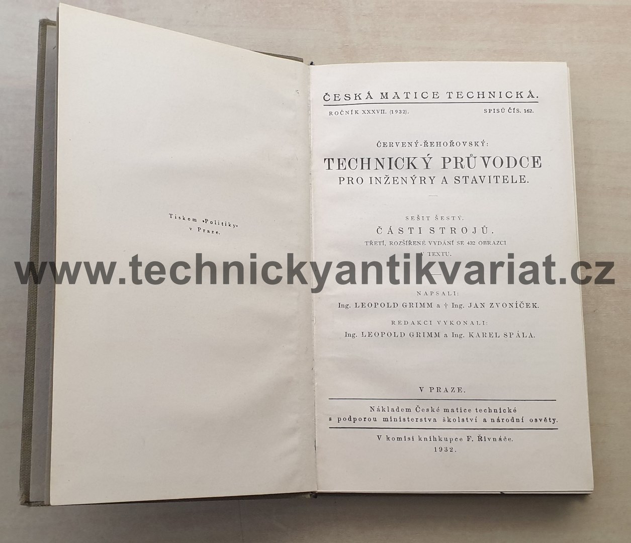 Technický průvodce pro inženýry a stavitele, sešit šestý - části strojů, L. Grimm, J. Zvoníček (1932)
