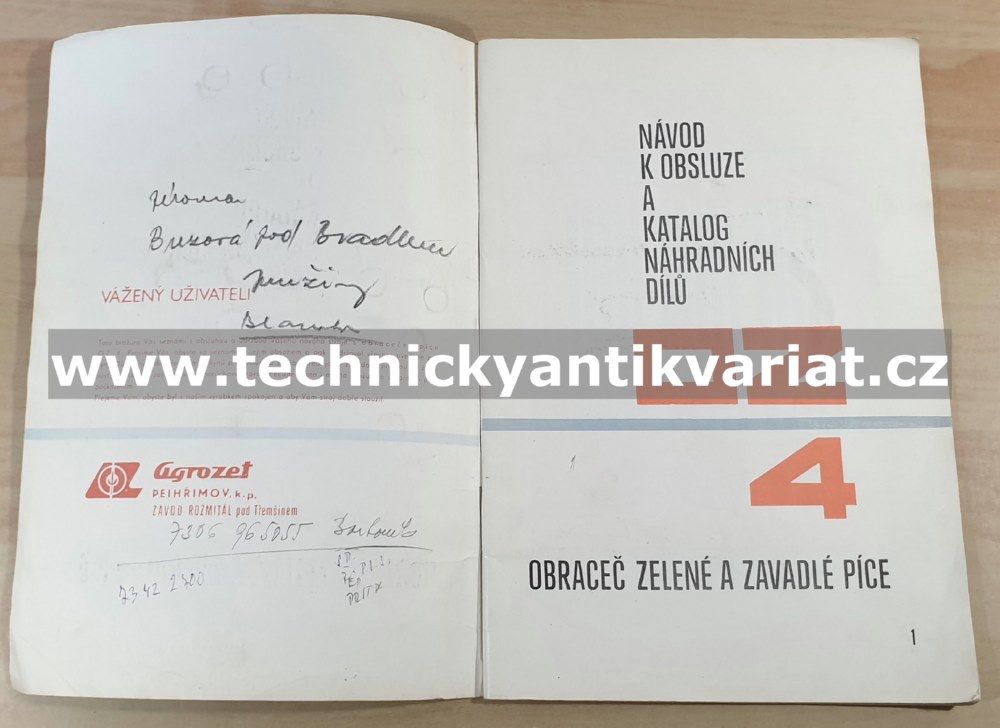 Obraceč zelené a zavadlé píce OZ4 - návod k obsluze, katalog dílů (1984)