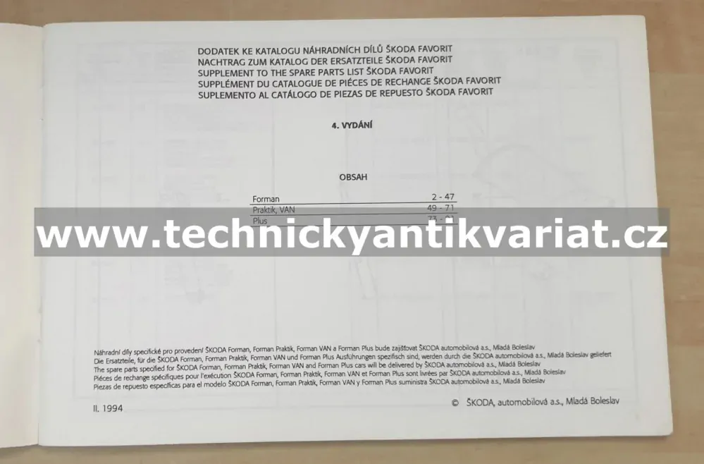 Škoda Favorit Forman - seznam náhradních dílů - DODATEK (1994)
