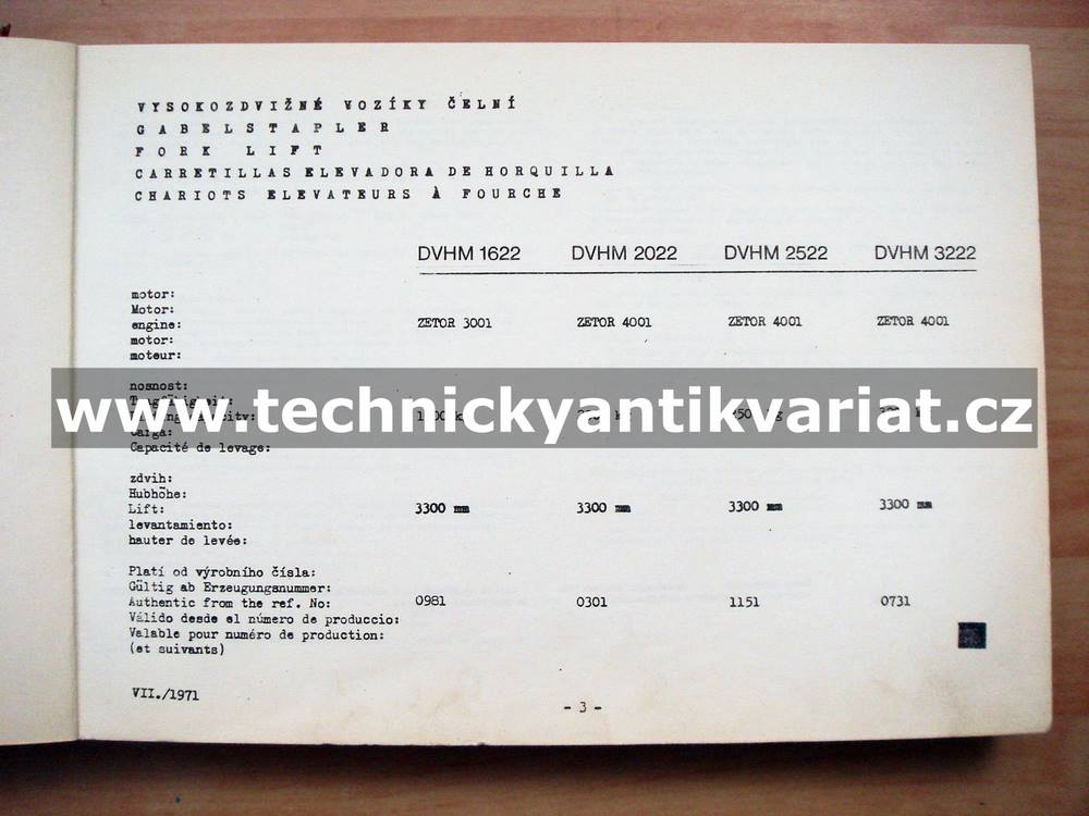 DESTA DVHM 1622, 2022, 2522, 3222 - katalog náhradních dílů (1971)