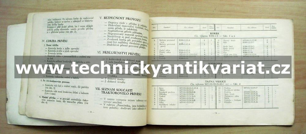 Tractorový přívés RM4 - předpisy a seznam náhradních dílů