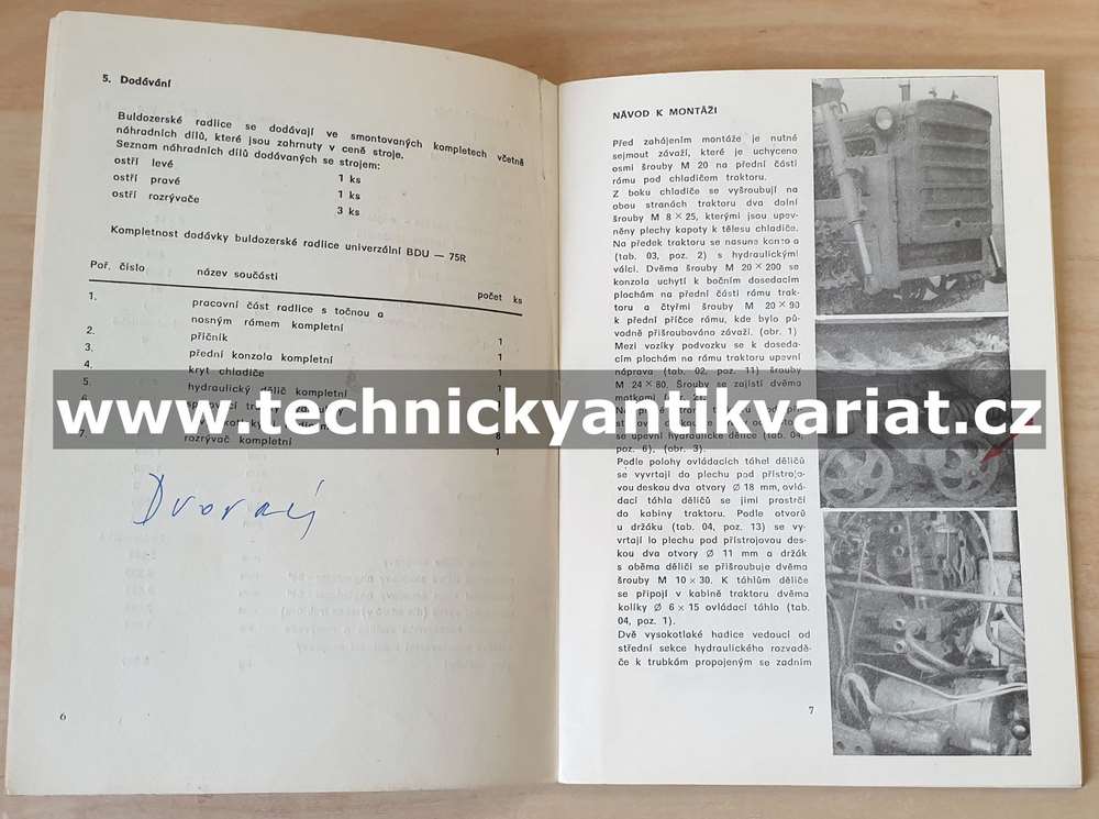 Buldozerová radlice univerzální s rozrývačem BDU-75R - návod k obsluze, seznam dílů