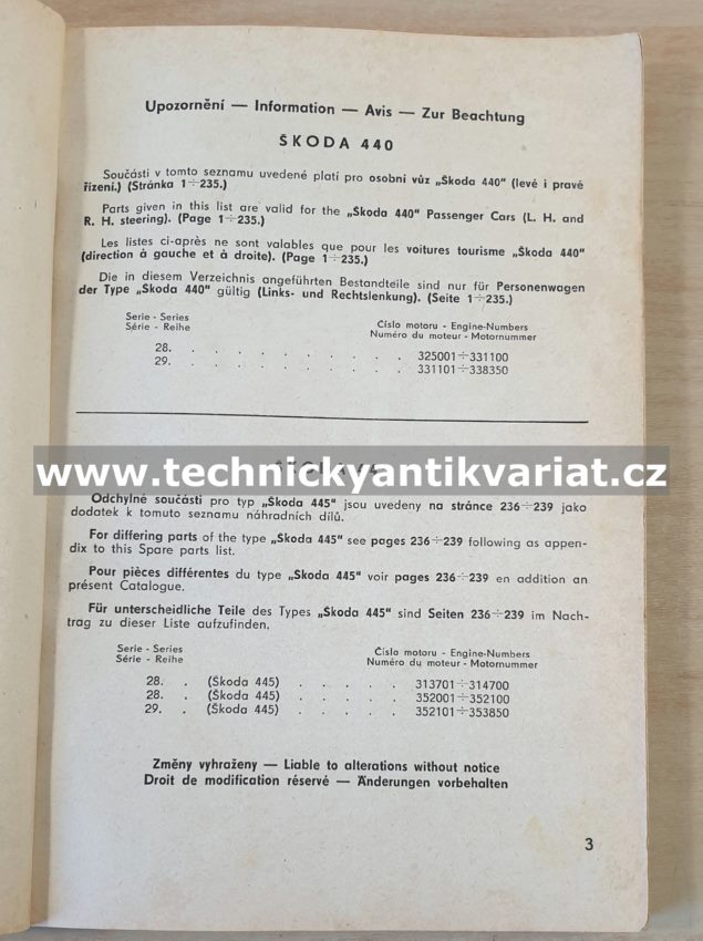 Škoda 440-445 - seznam náhradních dílů (1958)