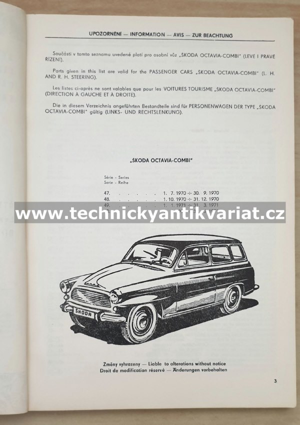 Škoda Octavia Combi - seznam náhradních dílů (1970-71)