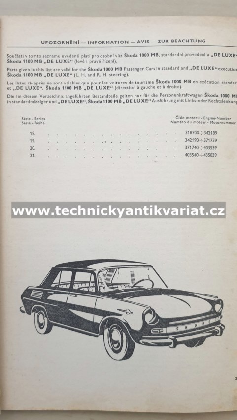Škoda 1000MB, 1100MB de Luxe - seznam náhradních dílů (1968-1969)