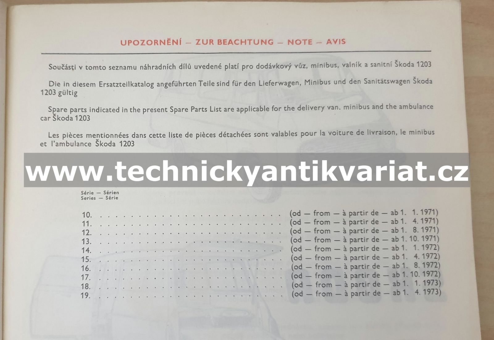 Škoda 1203 VAN, MINIBUS, AMBULANCE, COM, ROL - seznam náhradních dílů (1971-72)