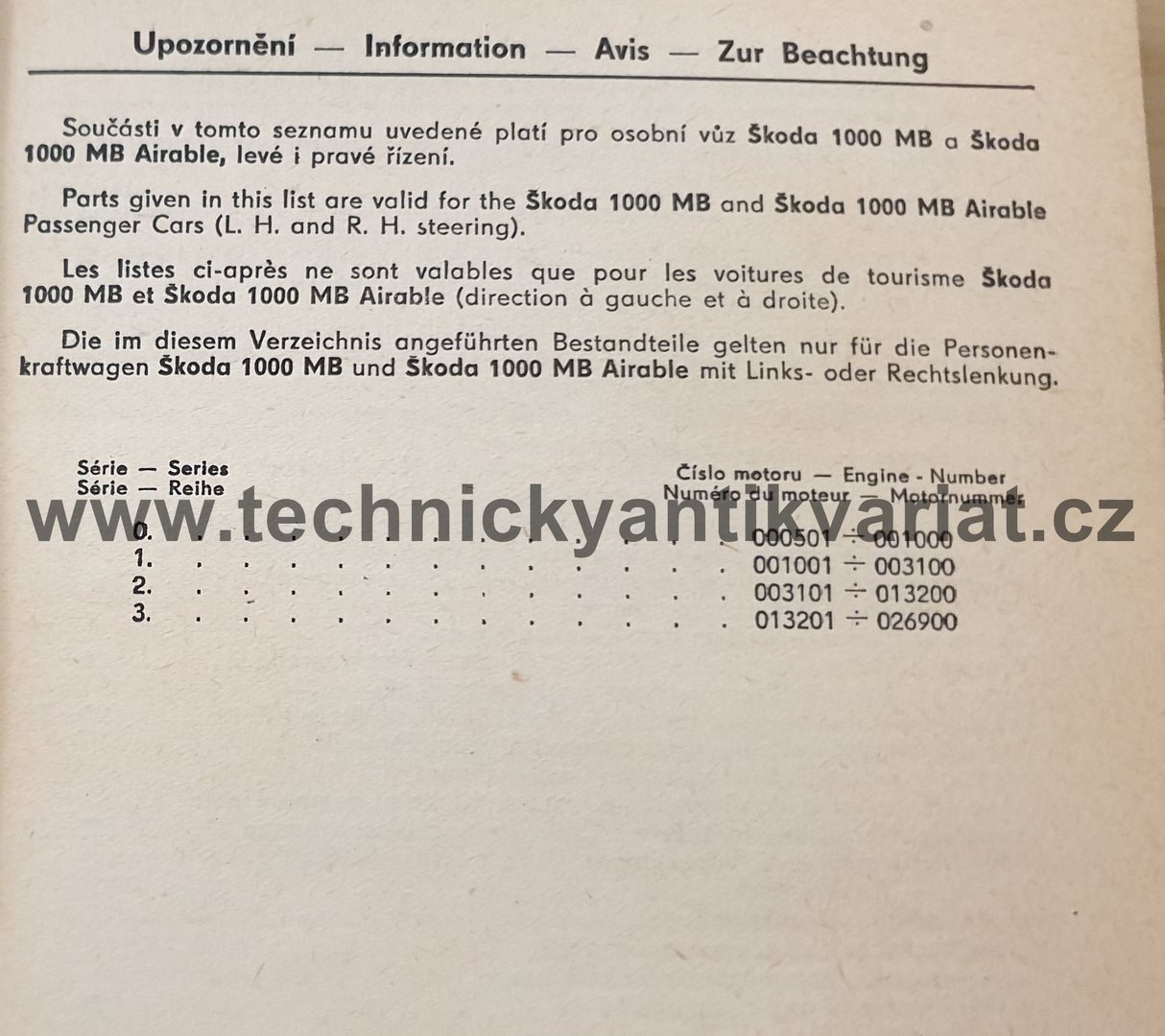 Škoda 1000 MB - seznam náhradních dílů (1964)