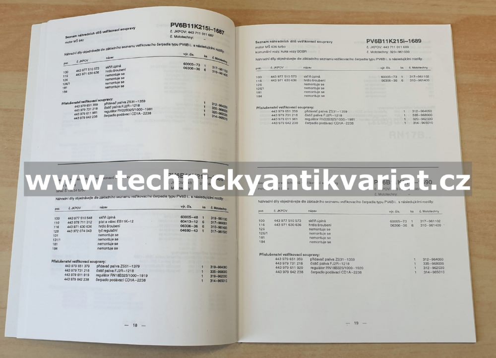 Vstřikovací zařízení PV6B.i. - seznam náhradních dílů (1993)