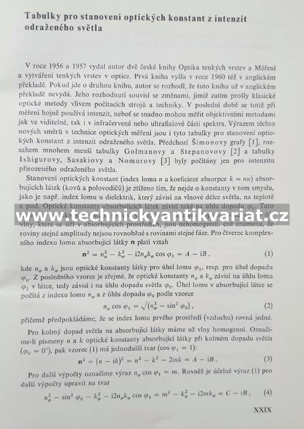 Tabulky k stanovení optických konstant z intenzit odráženého světla - Antonín Vašíček (1964)