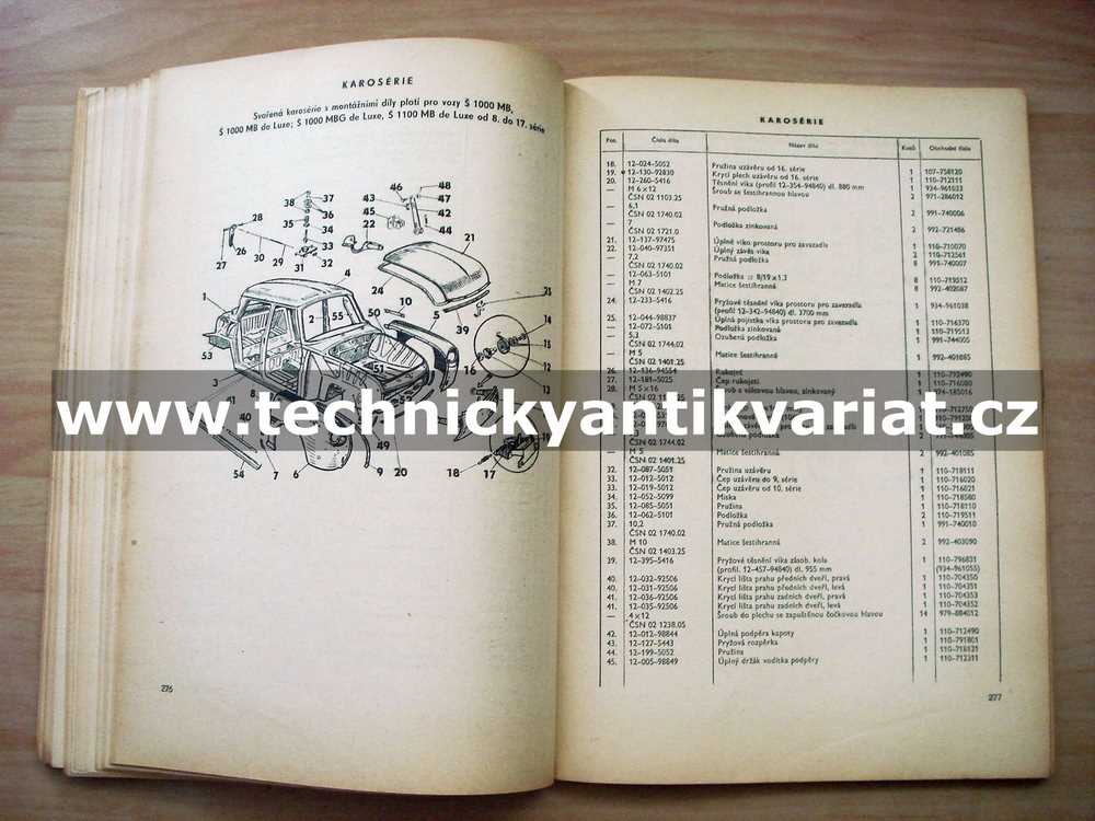 Škoda 1000MB, 1000MB, MBX, MBG, 1100MB, MBX DeLuxe - seznam náhradních dílů
