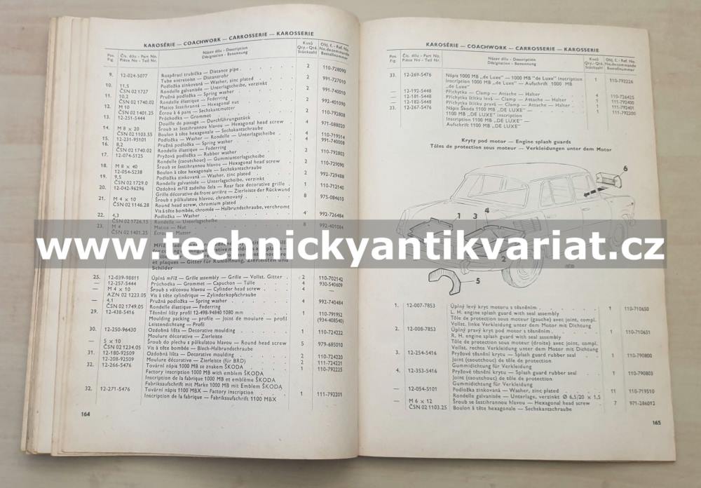 Škoda 1000MB, 1100MB de Luxe - seznam náhradních dílů (1968-1969)